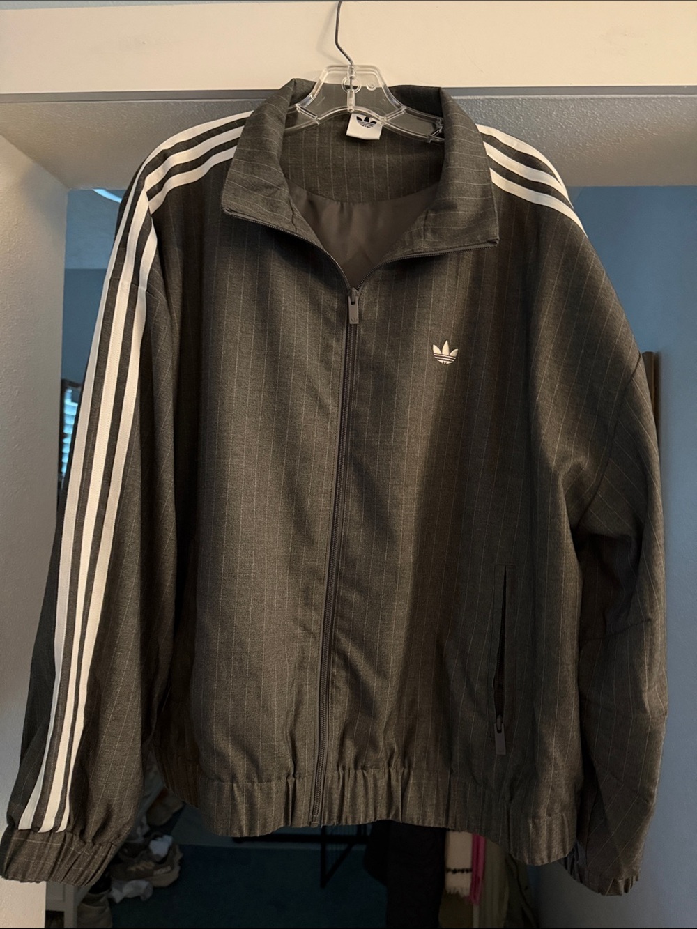 adidas x asos gray Pinstripe Track Jacket with White Stripes